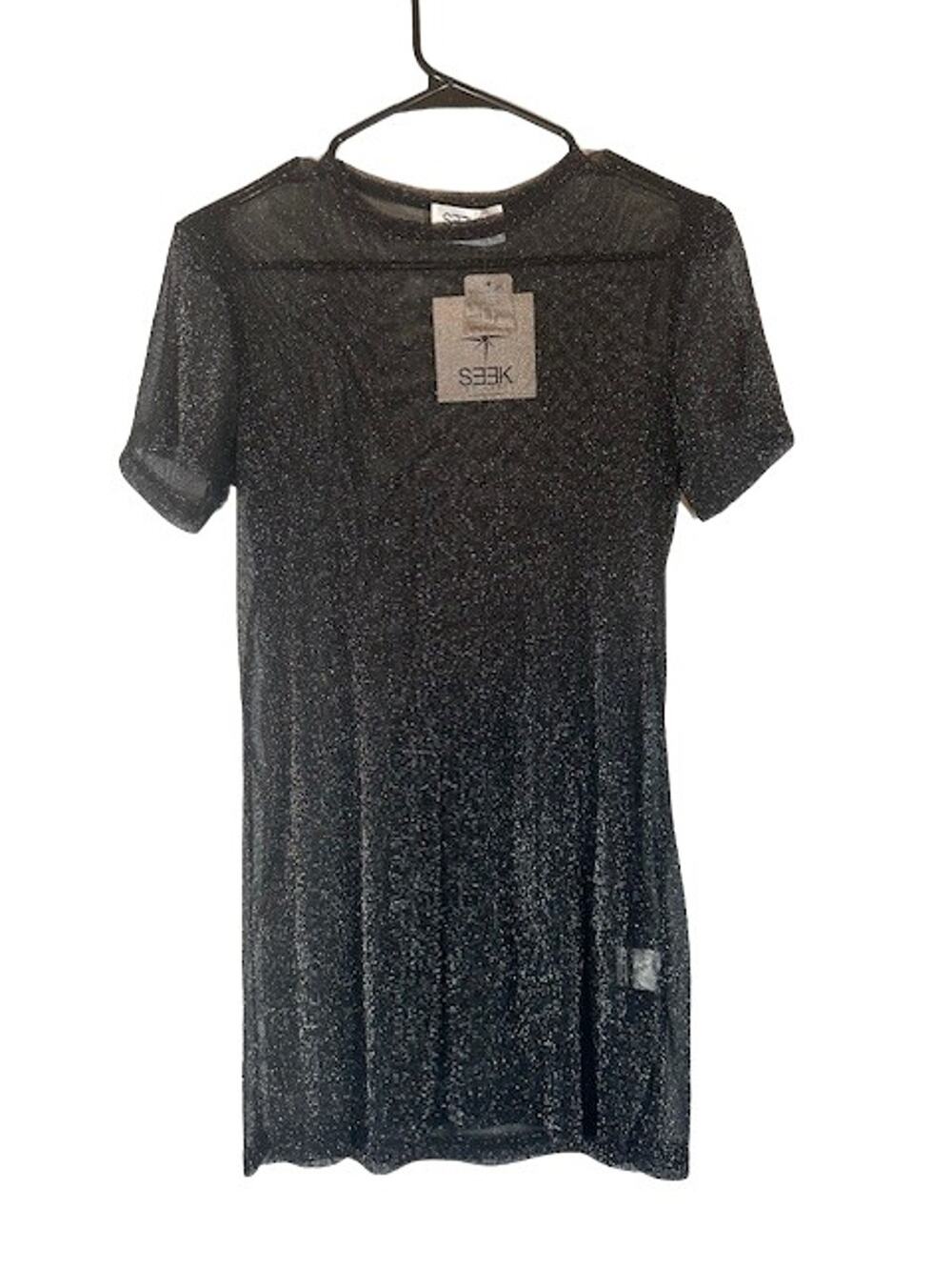 Seek Black Shimmer Sheer Short Sleeve Summer Flirty Top Women Sz S